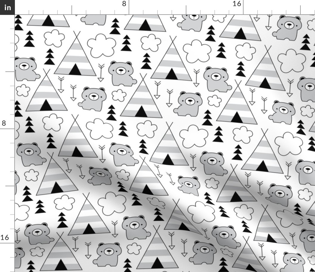 teepees and-bears-in-black-and-white