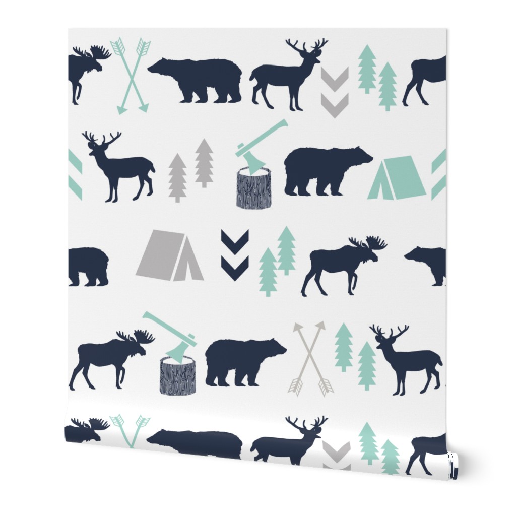 woodland camping boys nursery grey mint navy blue kids outdoors bear tent wood trees forest