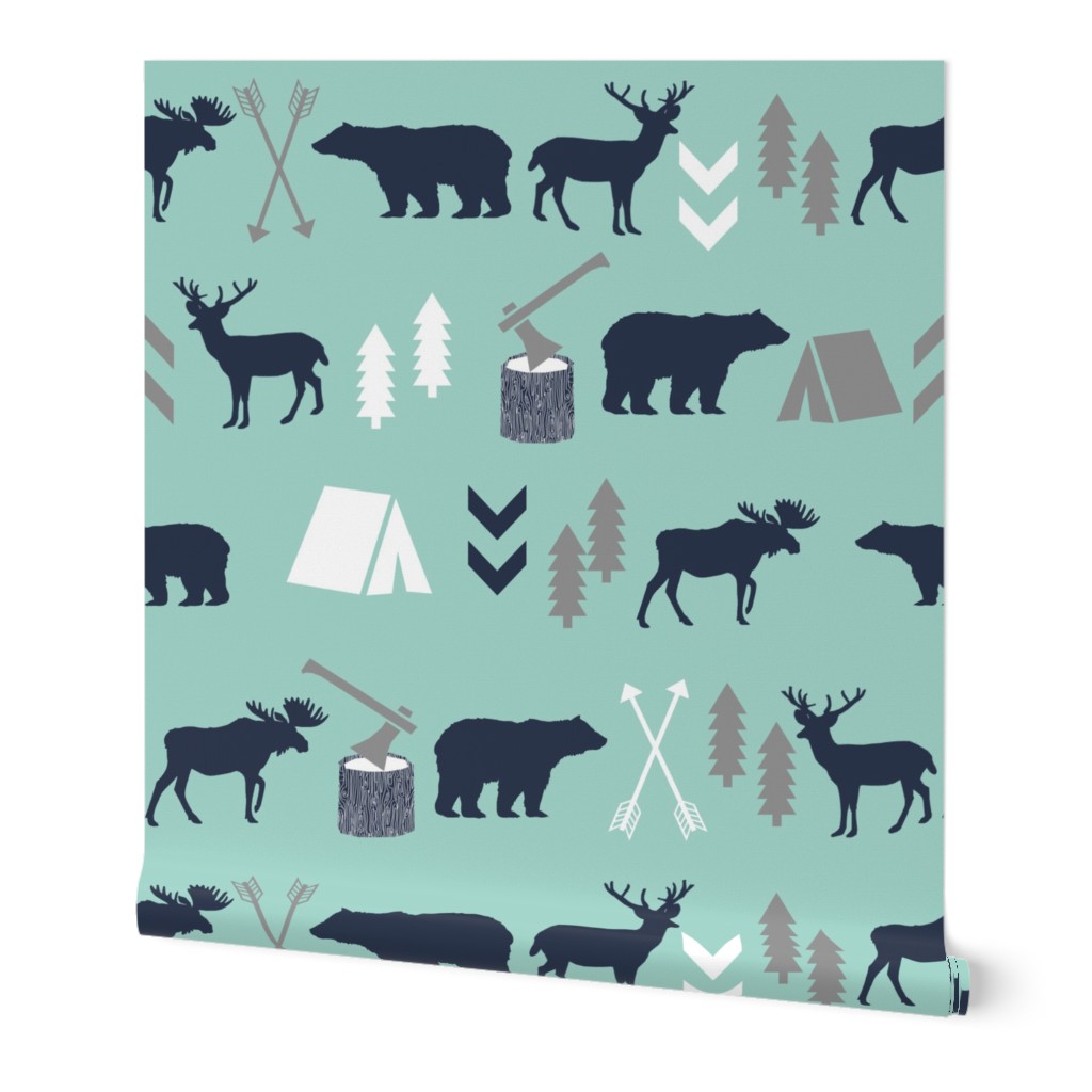 woodland camping boys nursery grey mint navy blue kids outdoors bear tent wood trees forest