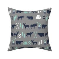 woodland camping boys nursery grey mint navy blue kids outdoors bear tent wood trees forest