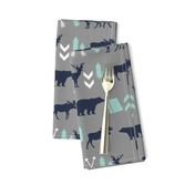 woodland camping boys nursery grey mint navy blue kids outdoors bear tent wood trees forest