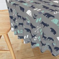 woodland camping boys nursery grey mint navy blue kids outdoors bear tent wood trees forest