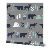 woodland camping boys nursery grey mint navy blue kids outdoors bear tent wood trees forest