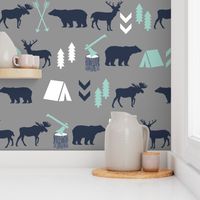 woodland camping boys nursery grey mint navy blue kids outdoors bear tent wood trees forest