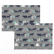 woodland camping boys nursery grey mint navy blue kids outdoors bear tent wood trees forest