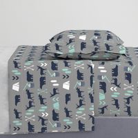 woodland camping boys nursery grey mint navy blue kids outdoors bear tent wood trees forest