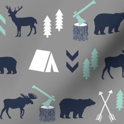 woodland camping boys nursery grey mint navy blue kids outdoors bear tent wood trees forest