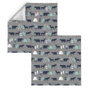 woodland camping boys nursery grey mint navy blue kids outdoors bear tent wood trees forest