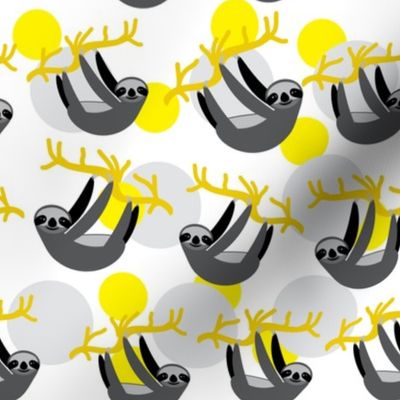 funny sloth on a branch, yellow, mustard,  gray, white background