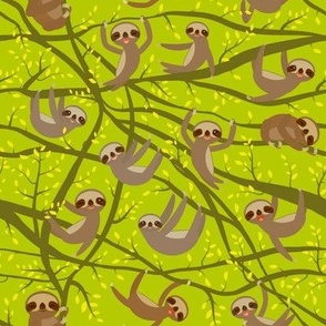 funny kawai sloth  on a branch, yellow leaves,  brown,  green background