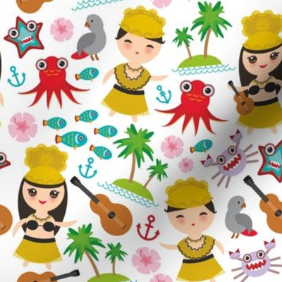 Aloha Hawaii, kawaii Hawaiian boys and girls in traditional costumes, ukulele guitar, palms, sea, fish, octopus, crab, starfish, anchor, flowers on a white background