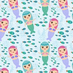 kawaii girl mermaid in the sea, fish and coral on a blue background