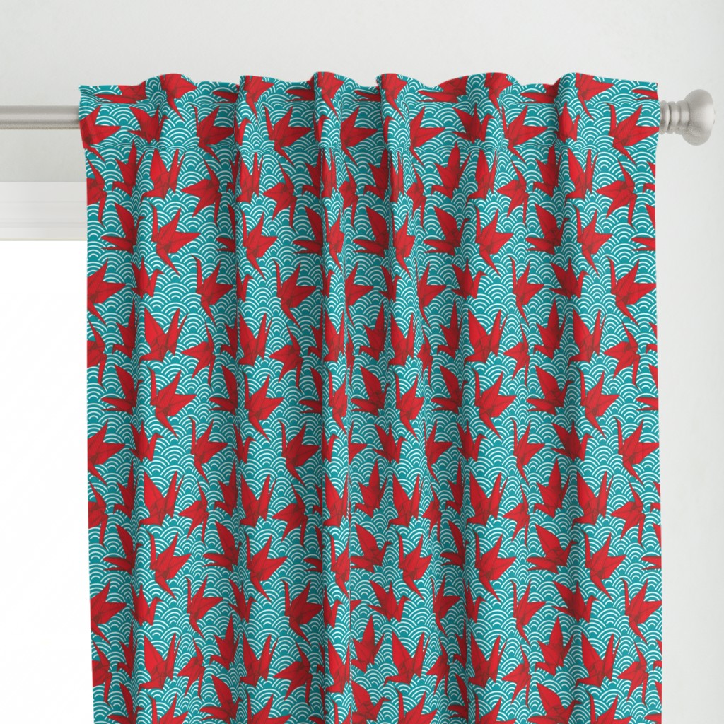 Cranes origami, scales, waves, sea, ocean, abstract geometric japanese asian pettern aqua blue turquoise red