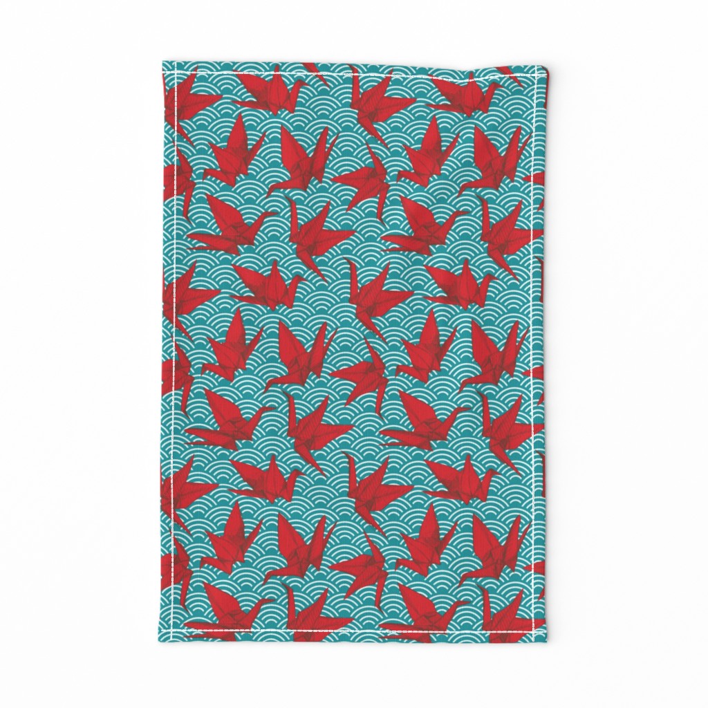 Cranes origami, scales, waves, sea, ocean, abstract geometric japanese asian pettern aqua blue turquoise red