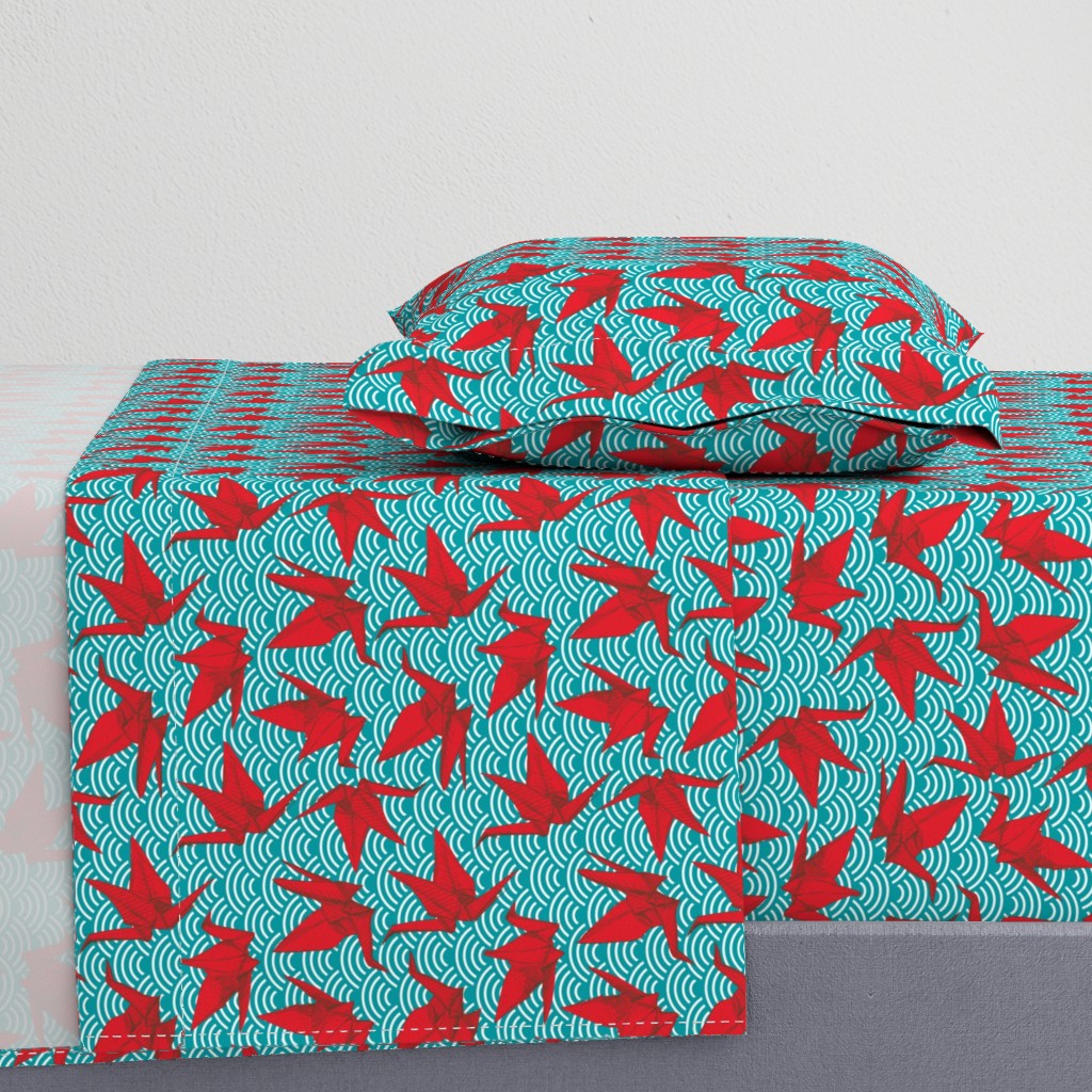 Cranes origami, scales, waves, sea, ocean, abstract geometric japanese asian pettern aqua blue turquoise red