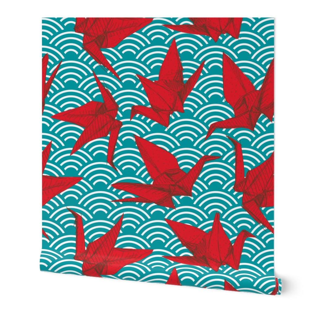 Cranes origami, scales, waves, sea, ocean, abstract geometric japanese asian pettern aqua blue turquoise red