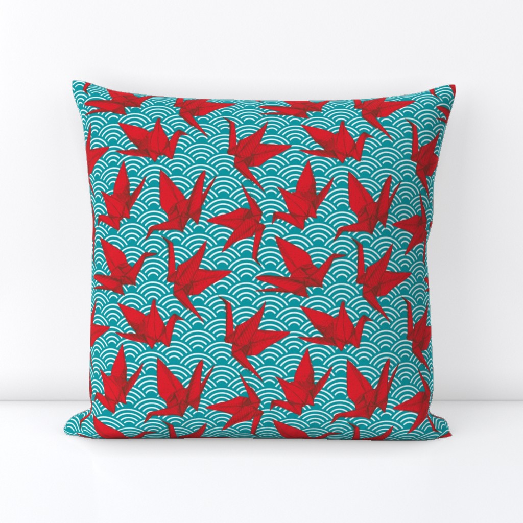 Cranes origami, scales, waves, sea, ocean, abstract geometric japanese asian pettern aqua blue turquoise red