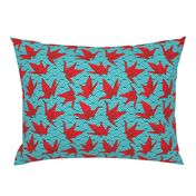 Cranes origami, scales, waves, sea, ocean, abstract geometric japanese asian pettern aqua blue turquoise red