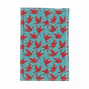 Cranes origami, scales, waves, sea, ocean, abstract geometric japanese asian pettern aqua blue turquoise red