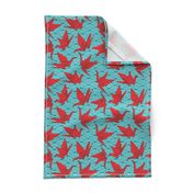 Cranes origami, scales, waves, sea, ocean, abstract geometric japanese asian pettern aqua blue turquoise red