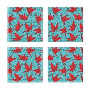 Cranes origami, scales, waves, sea, ocean, abstract geometric japanese asian pettern aqua blue turquoise red