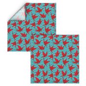 Cranes origami, scales, waves, sea, ocean, abstract geometric japanese asian pettern aqua blue turquoise red