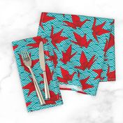 Cranes origami, scales, waves, sea, ocean, abstract geometric japanese asian pettern aqua blue turquoise red