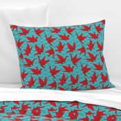 Cranes origami, scales, waves, sea, ocean, abstract geometric japanese asian pettern aqua blue turquoise red