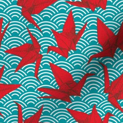 Cranes origami, scales, waves, sea, ocean, abstract geometric japanese asian pettern aqua blue turquoise red