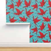 Cranes origami, scales, waves, sea, ocean, abstract geometric japanese asian pettern aqua blue turquoise red