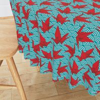 Cranes origami, scales, waves, sea, ocean, abstract geometric japanese asian pettern aqua blue turquoise red