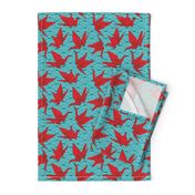 Cranes origami, scales, waves, sea, ocean, abstract geometric japanese asian pettern aqua blue turquoise red