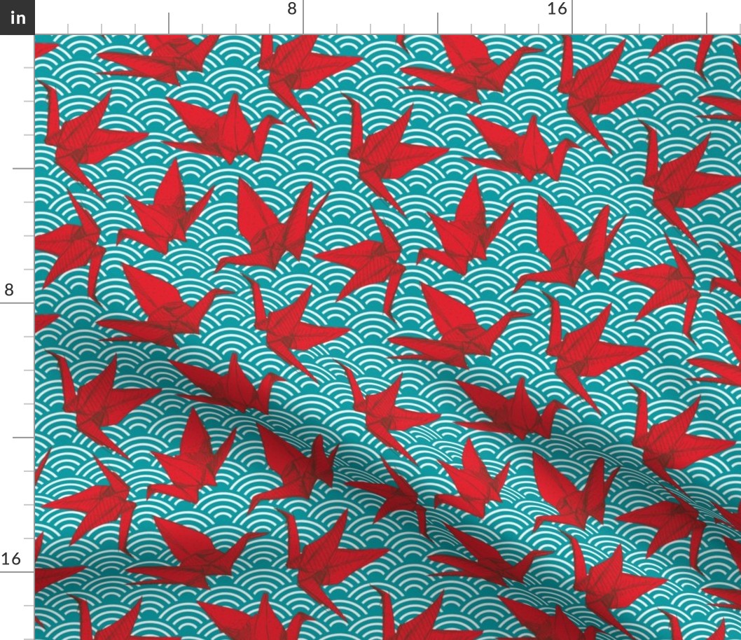 Cranes origami, scales, waves, sea, ocean, abstract geometric japanese asian pettern aqua blue turquoise red