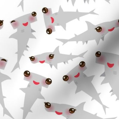  kawaii gray hammerhead shark, smiling and winking eyes on white background