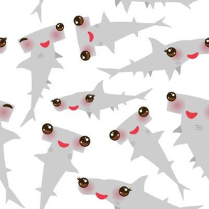  kawaii gray hammerhead shark, smiling and winking eyes on white background