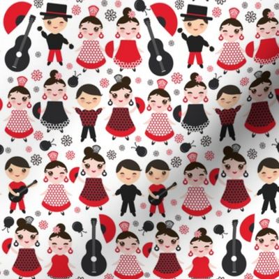 kawaii boys and girls flamenco dancers, smiling and winking eyes. Fan, castanets, guitar, Spanish, Spain, on a white background