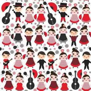 kawaii boys and girls flamenco dancers, smiling and winking eyes. Fan, castanets, guitar, Spanish, Spain, on a white background