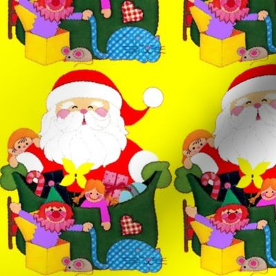 Santa Claus Merry Christmas candy canes sweets gifts presents dolls toys drums elf elves pinwheels cats mice mouse clowns jack box checkered chequered sacks xmas red yellow green vintage retro kitsch 