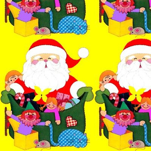 Santa Claus Merry Christmas candy canes sweets gifts presents dolls toys drums elf elves pinwheels cats mice mouse clowns jack box checkered chequered sacks xmas red yellow green vintage retro kitsch 