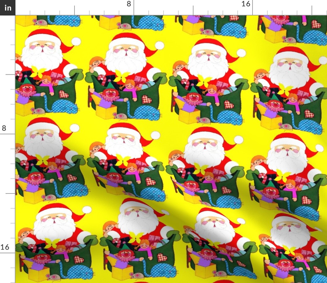 Santa Claus Merry Christmas candy canes sweets gifts presents dolls toys drums elf elves pinwheels cats mice mouse clowns jack box checkered chequered sacks xmas red yellow green vintage retro kitsch 