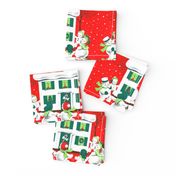 Merry Christmas snow winter trees houses snowman family parents candles mistletoe candy canes wreaths children dancing celebration parents father mother vintage retro kitsch bows ribbons
