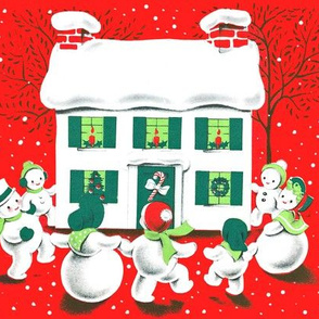 Merry Christmas snow winter trees houses snowman family parents candles mistletoe candy canes wreaths children dancing celebration parents father mother vintage retro kitsch bows ribbons