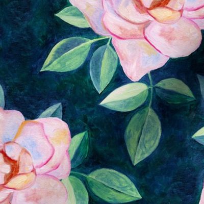 Simple Pink Rose Oil Painting Repeat with Dark Teal Background Large Print