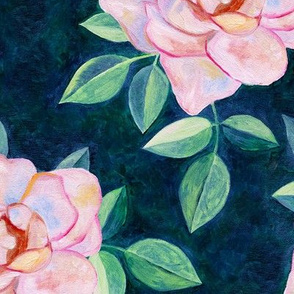 Simple Pink Rose Oil Painting Repeat with Dark Teal Background Large Print