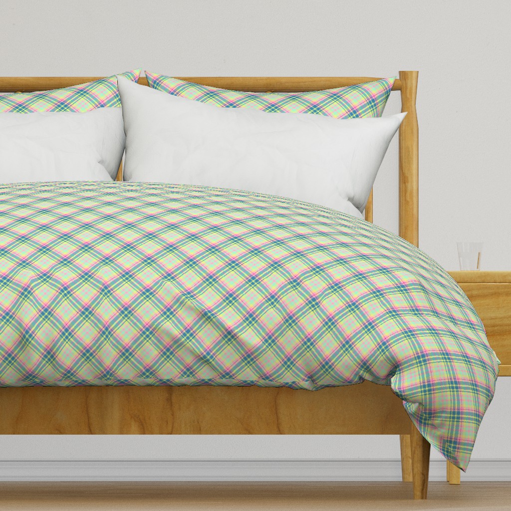 Large - Pastel Diagonal Plaid in Turquoise, Teal, Minty Green and Yellow