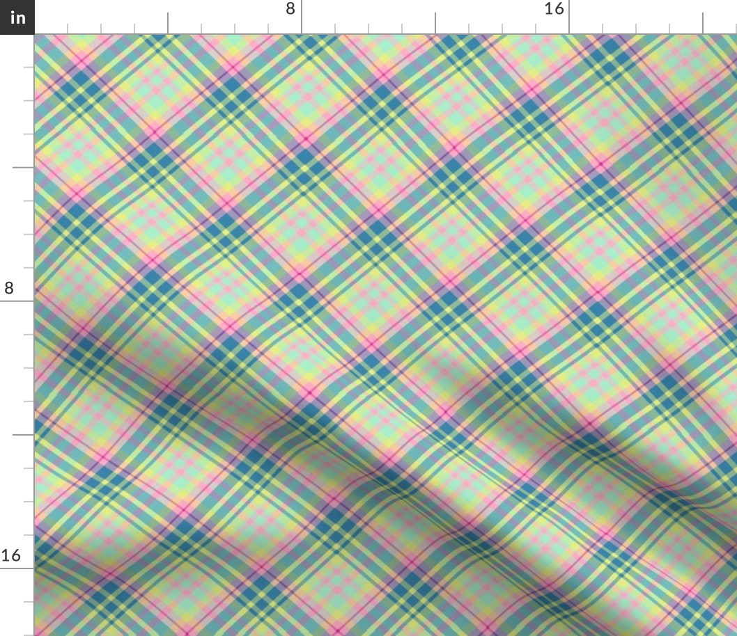 Large - Pastel Diagonal Plaid in Turquoise, Teal, Minty Green and Yellow