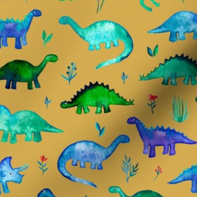 Tiny Dinos in Blue and Green on Mustard Large Print