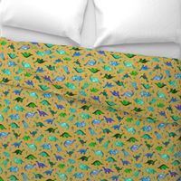 Tiny Dinos in Blue and Green on Mustard Large Print