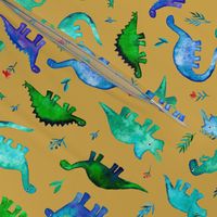 Tiny Dinos in Blue and Green on Mustard Large Print