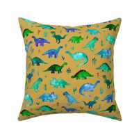 Tiny Dinos in Blue and Green on Mustard Large Print